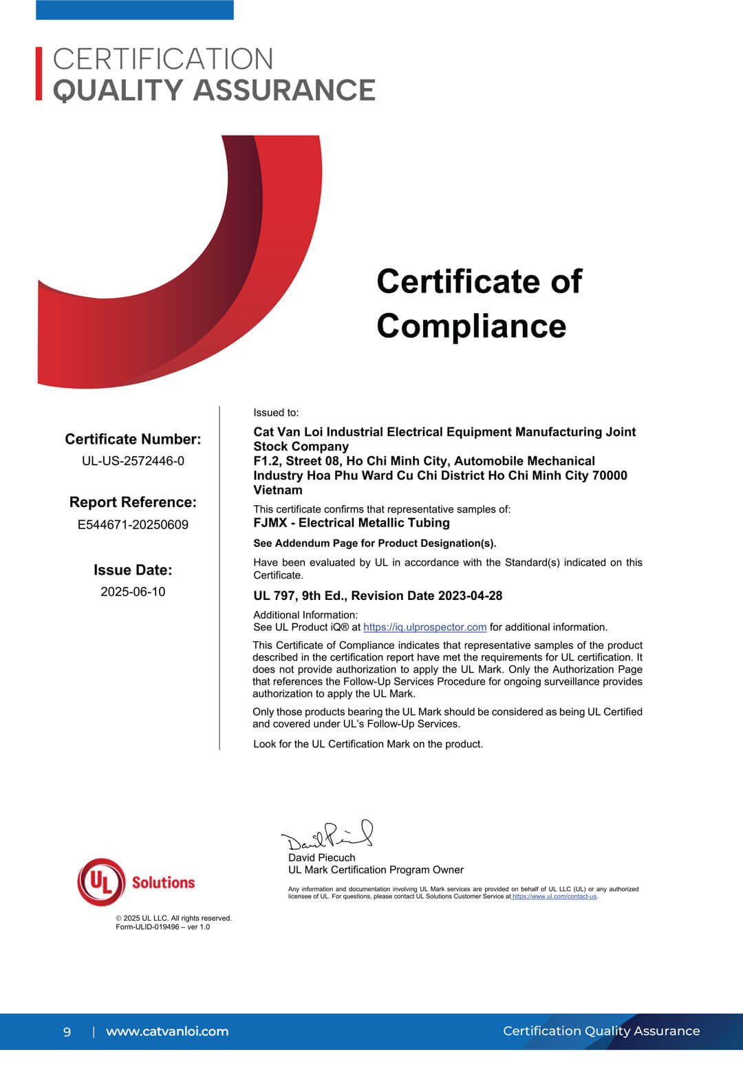 Cat Van Loi - certified for Electrical Metallic Tubing (EMT) 